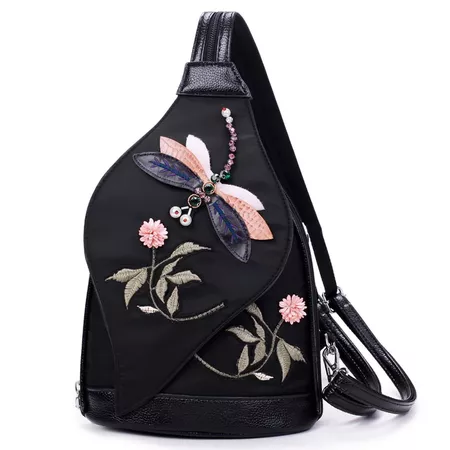 2018 3D Diamond Dragonfly Women Shoulder Bag Embroidery Flower Ladies Backpacks School Bags For Girls BLACK In Backpacks Online Store. Best Black Leather Shoulder Bag For Sale | DressLily.com