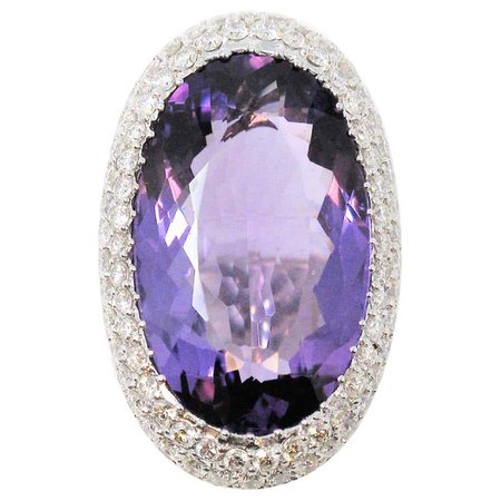 24.54 Carat Total Oval Amethyst with Pave Diamond Halo Cocktail Ring White Gold For Sale at 1stDibs