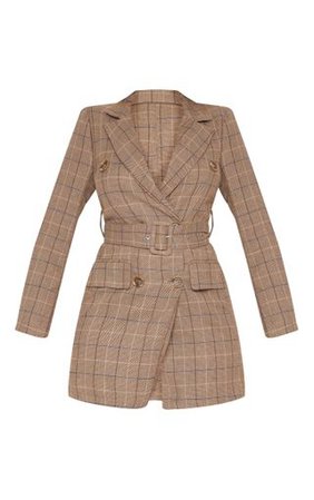 Brown Check Belted Blazer Dress | Dresses | PrettyLittleThing