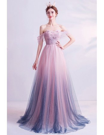 Fairy Ombre Pink Purple Prom Dress Off Shoulder With Sparkly Tulle Wholesale #T76069 - GemGrace.com