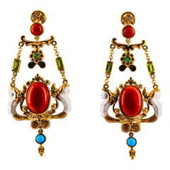 Art Nouveau White Diamond Emerald Coral Turquoise Yellow Gold Clip-On Earrings For Sale at 1stdibs