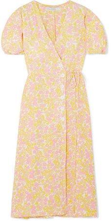 Fran Floral-print Crepe Midi Wrap Dress - Pastel yellow