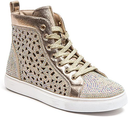 Amazon.com | Lady Couture Flat Laser Cut High Top Bling Rhinestone Sneaker Women's Shoes New York Gold 41 | Fashion Sneakers