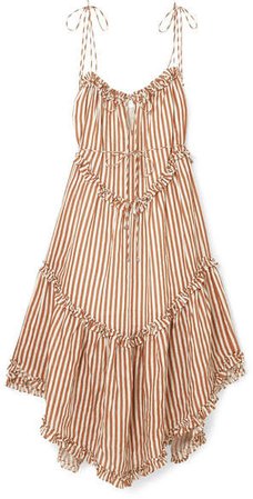 Exclusive Lumino Asymmetric Ruffled Striped Linen Midi Dress - Tan