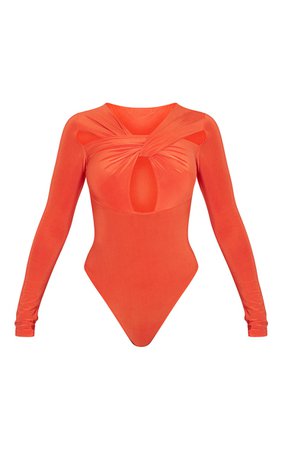 Orange Knot Front Detail Slinky Bodysuit | PrettyLittleThing USA
