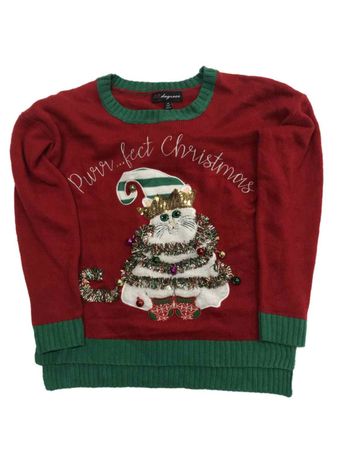 Womens Red Prrfect Christmas Sequin Kitty Cat Elf Holiday Sweater Medium - Walmart.com