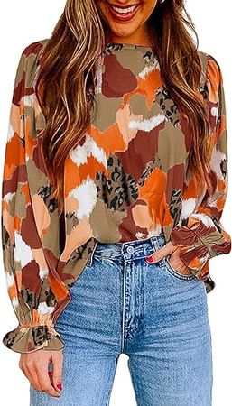 TimeMark Womens 2023 Long Sleeve Ruffle Bubble Sleeve Casual Loose Work Shirts Tops and Blouses at Amazon Women’s Clothing store