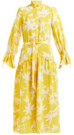 Beulah - Darsha Floral Printed Ruffled Silk Midi Dress - Womens - Yellow Multi