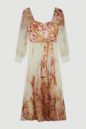 Border Floral And Satin Pleated Woven Maxi Dress | Karen Millen