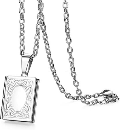 Stainless Steel Living Memory Book Locket Pendant Necklace for Mens Womens, Classic Pattern,Silver,Gold Tone (Silver) | Amazon.com
