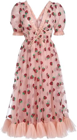 Mialoley Women Sequin Embroidered Strawberry Cocktail Dress Lace Up Mesh Yarn Plunge V Neck A-line Pleated Maxi Dresses at Amazon Women’s Clothing store