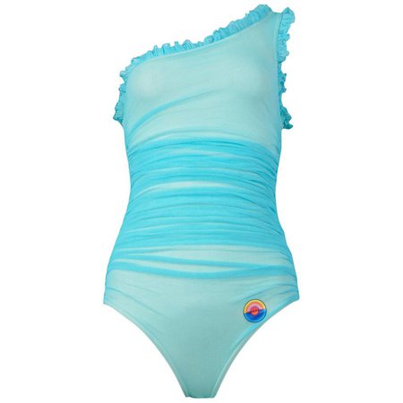 Vintage Chanel Turquoise Blue Asymmetrical One Piece Swimsuit 1984 For Sale at 1stdibs