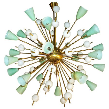 Excellent Contemporary Italian White & Mint Green Murano Glass Sputnik Brass Chandelier | DECASO