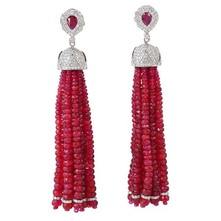 132.14 Carat Ruby Diamond 18 Karat Gold Chandelier Drop Tassel Earrings For Sale at 1stDibs