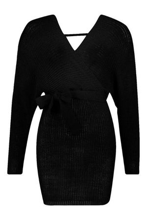 Batwing Wrap Mini Knitted Dress | Boohoo black