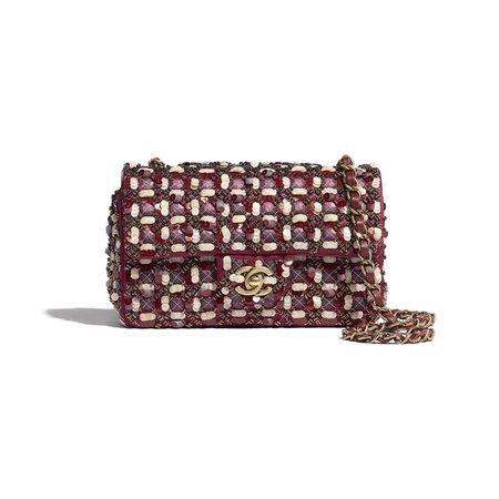 Satin, Sequins, Glass Pearls & Gold-Tone Metal Burgundy, Pink & White Mini Flap Bag | CHANEL