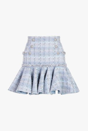 Short Pastel Blue Flounced Tweed Skirt for Women - Balmain.com