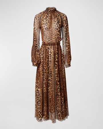 Carolina Herrera Leopard-Print Gathered Neck-Tie Midi Dress | Neiman Marcus