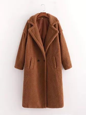 Drop Shoulder Double Button Teddy Coat | SHEIN USA brown