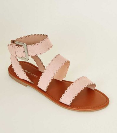 Pink Suedette Scallop Strap Flat Sandals | New Look