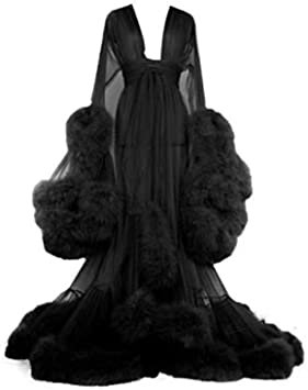 Old Hollywood Fuzzy Robe for Bed Time Flared Sleeve Tailing Dress Tulle Boudoir Robe Feather Bridal Robe : Amazon.co.uk: Clothing