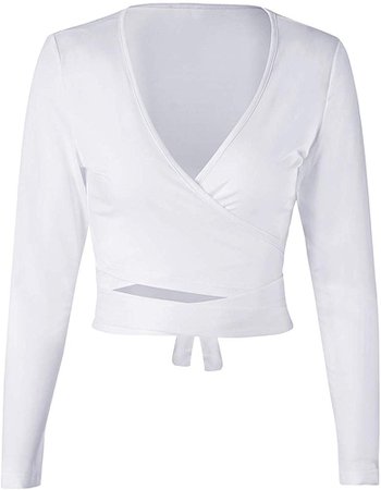 ENIDMIL Womens Sexy Deep V Neck Long Sleeve Slim Fit Bandage Cross Wrap Tie Up Crop Top Shirts (White, X-Large) at Amazon Women’s Clothing store: