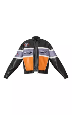 Black Faux Leather Slogan Front Racer Jacket | PrettyLittleThing USA