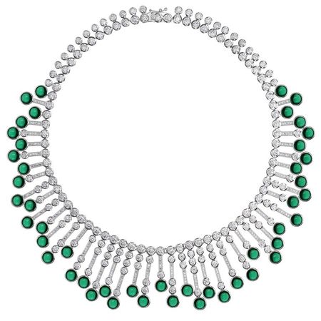 Faux Cabochon Emerald Diamond Fringe Sterling Necklace For Sale at 1stdibs