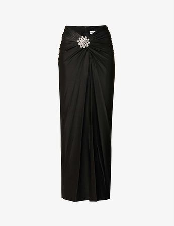 PACO RABANNE - Brooch-embellished ruched stretch-woven midi skirt | Selfridges.com