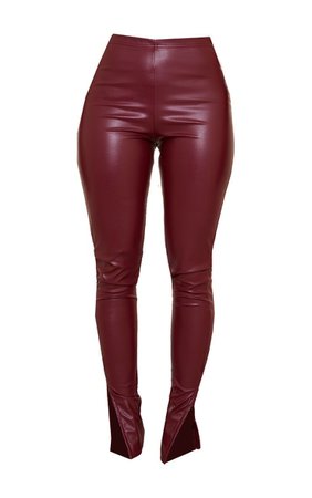 Shape Burgundy PU Split Hem Trousers | PrettyLittleThing