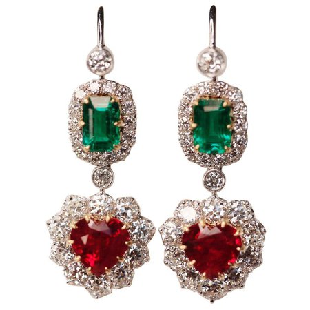 Victorian style Emerald, Ruby and Diamond Drop 18 Karat White Gold Earrings For Sale at 1stdibs