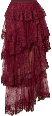 Tiered Cotton-blend Lace And Swiss-dot Tulle Midi Skirt - Burgundy