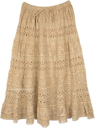 Enticing Floral Lace Classic Long Skirt in Beige | Beige | Lace, Tiered-Skirt, Vacation, Floral, Bohemian