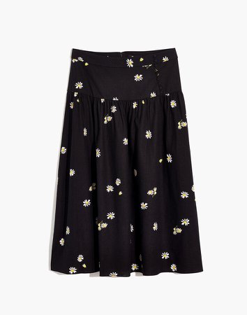 Linen-Blend Buttoned Yoke Midi Skirt in Lazy Daisies