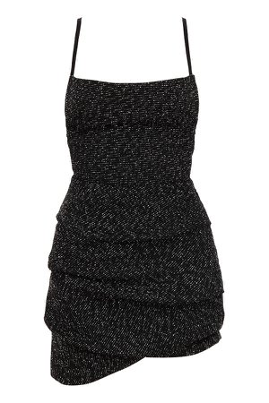 Clothing : Mini Dresses : 'Rheanna' Black Boucle Draped Mini Dress