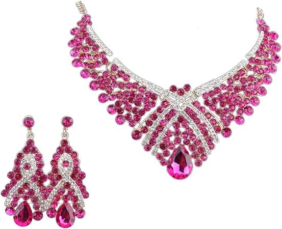Amazon.com: Women Crystal Jewelry Set Teardrop Rhinestone Statement Necklace Earrings Sets For Wedding Party With Boxes (Rose Red): Clothing, Shoes & Jewelry