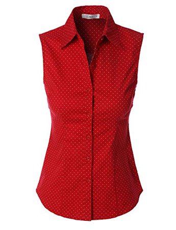 LE3NO Womens Lightweight Polka Dots Sleeveless Button Down Shirt, Red, Large at Amazon Women’s Clothing store: