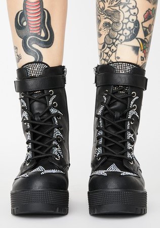 Rhinestone Heeled Combat Boots - Black | Dolls Kill