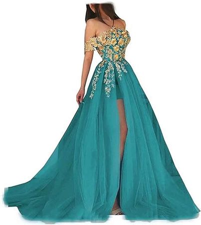 Off Shpoulder Prom Dresses Gold Applique Tulle Princess Prom Quinceanera Dresses for Women at Amazon Women’s Clothing store