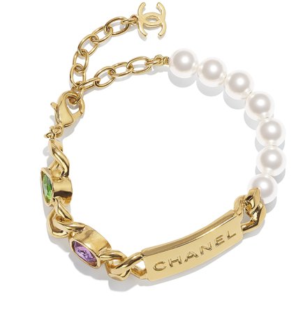 Bracelet, metal, glass pearls & strass, gold, pearly white, purple & green - CHANEL