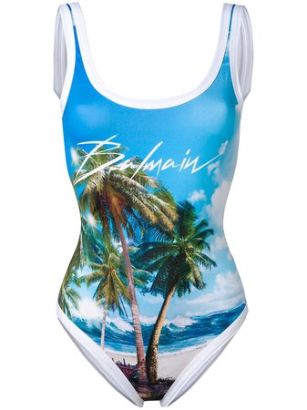 Balmain Palm Tree Logo Swimsuit - Farfetch