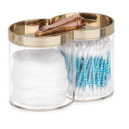Amazon.com: mDesign Plastic Bathroom Vanity Countertop Canister Jar with Storage Lid - Stackable - Divided, Double Compartment Organizer for Cotton Balls, Swabs, Makeup Blenders, Bath Salts - Clear/Soft Brass: Home & Kitchen