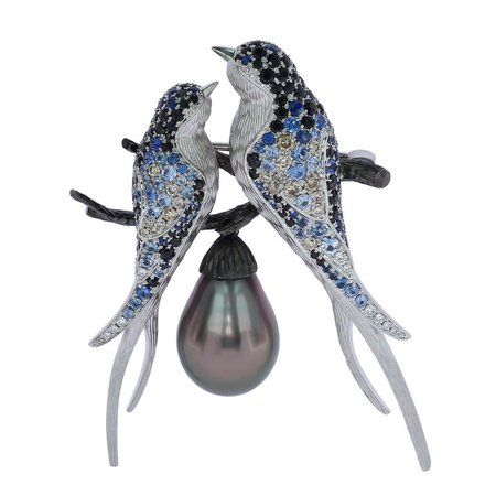 Mousson Atelier Tahiti Black Pearl Diamond Sapphire 18 Karat White Gold Loving Bird Brooch