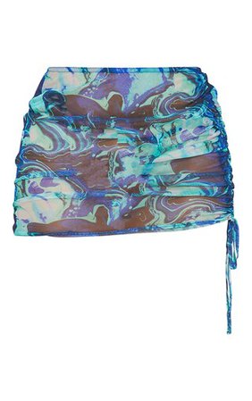 Blue Print Mesh Ruched Side Beach Skirt | PrettyLittleThing