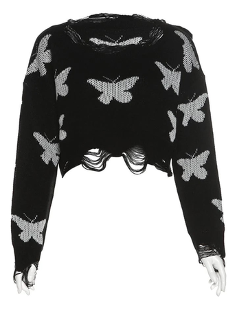 black cropped sweater with gray butterflies