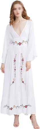 Pulcykp Women Bohemiann Beach Dress Ethnic Style Retro Embroidery Deep V Collar Horn Sleeve Dress at Amazon Women’s Clothing store