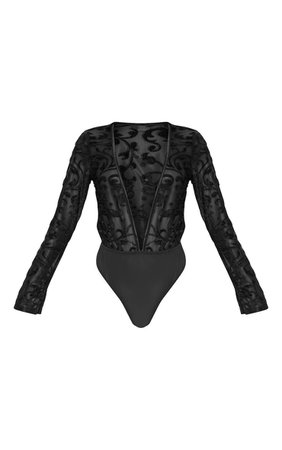 Black Devore Plunge Long Sleeve Bodysuit | PrettyLittleThing