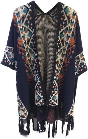 Amazon.com: JiaHeShiXing Style Jacquard Knit Cardigan Sweater Geometric bat-Sleeved Tassels Knitwear Sweaters Shawl Woman s4 Blue M : Sports & Outdoors