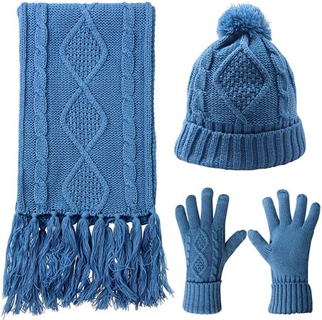 Scarf Hat Gloves Set Women - Pom Beanie Warm Thick Cable Knit Touch Screen Gloves Long Scarf 3pcs Cold Winter Gift Set at Amazon Women’s Clothing store