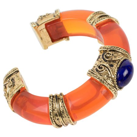 Guy Laroche Orange Lucite Jeweled Cuff Bracelet For Sale at 1stDibs